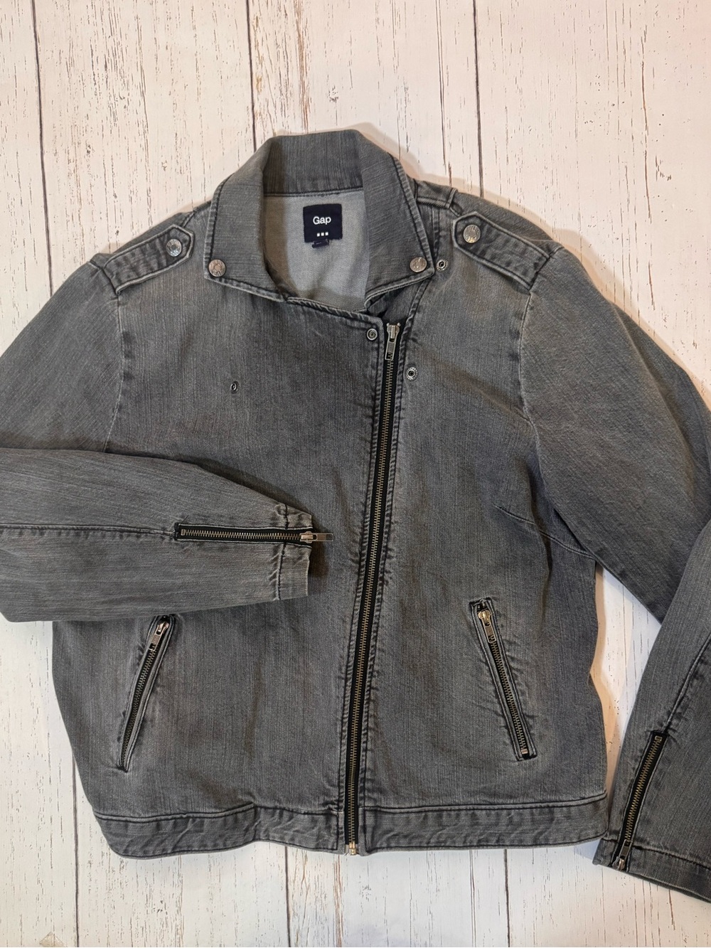 Vintage GAP Gray Denim Moto Jacket XL Asymmetrical Zip Biker Y2K 2010